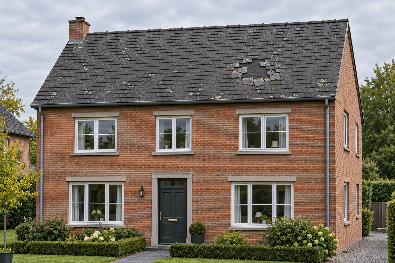 A house with a few broken tiles on a black roof